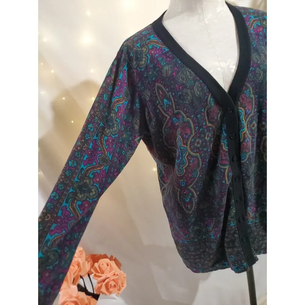 Isaac Mizrahi Live Paisley V-neck Button Cardigan Sweater Womens Size XL Boho - Picture 5 of 10